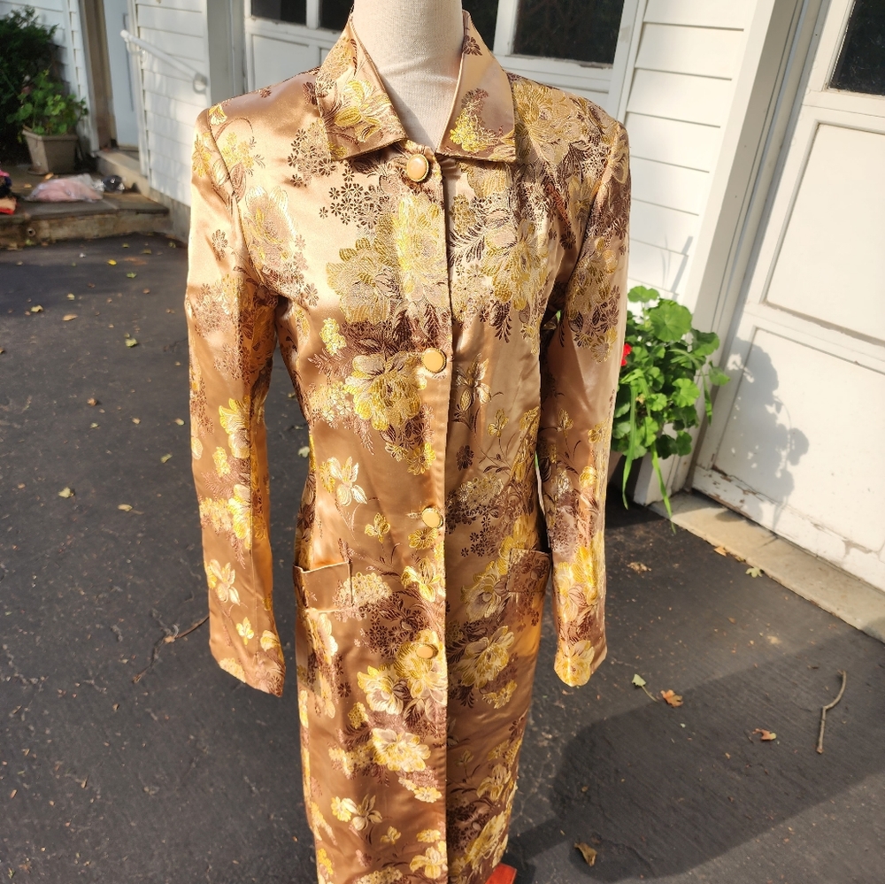 Newport News Butterscotch Asian Patterned Duster Jacket Sz 4